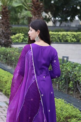 Anni Designer WomenS Cotton Blend Anarkali Embroidered Kurta With Pant & Dupatta (Gsk-Purple_S_Purple_Small)