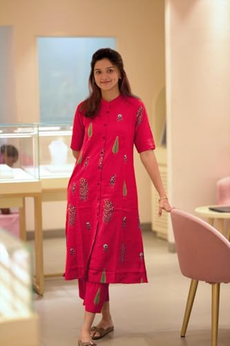 ANNI DESIGNER Womens Rayon Viscose Straight Printed Kurta with Pant (Barkat Pink_L_Pink_Large)
