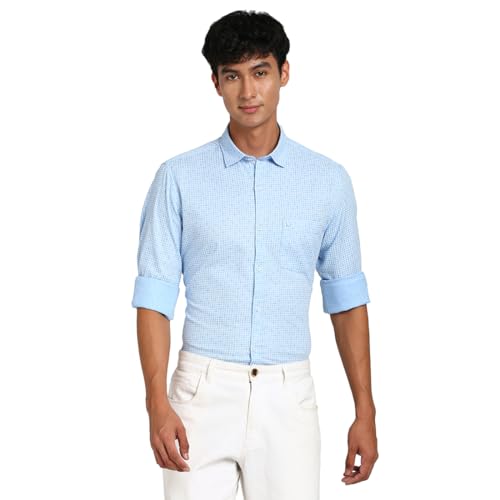 Turtle Men 100% Cotton Light Blue Printed Slim Fit Full Sleeve Casual Shirt
