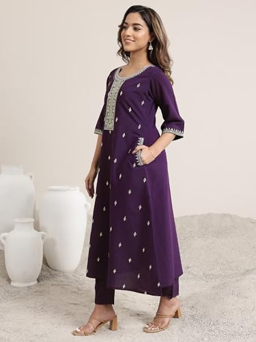 Libas Gerua Womens Embroidered Silk Blend A-Line Kurta With Trousers And Dupatta