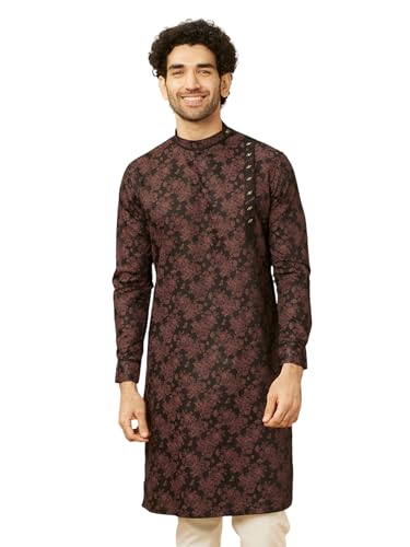 Manyavar MenS Midnight Black Floral Patterned Angrakha Style Kurta (M)
