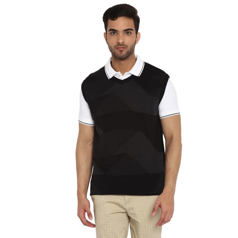 Turtle Men Black & Grey Self Design V Neck Pullover