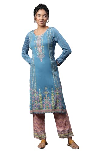 Aurelia Blue Printed Winter Kurta And Peach Pants Set (Size: L)-23Noas14720-507340