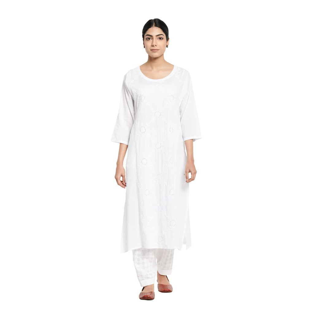 Fabindia Women Embroidered Slim Fit Long Kurta Cotton_M White
