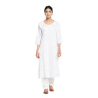 Fabindia Women Embroidered Slim Fit Long Kurta Cotton_M White