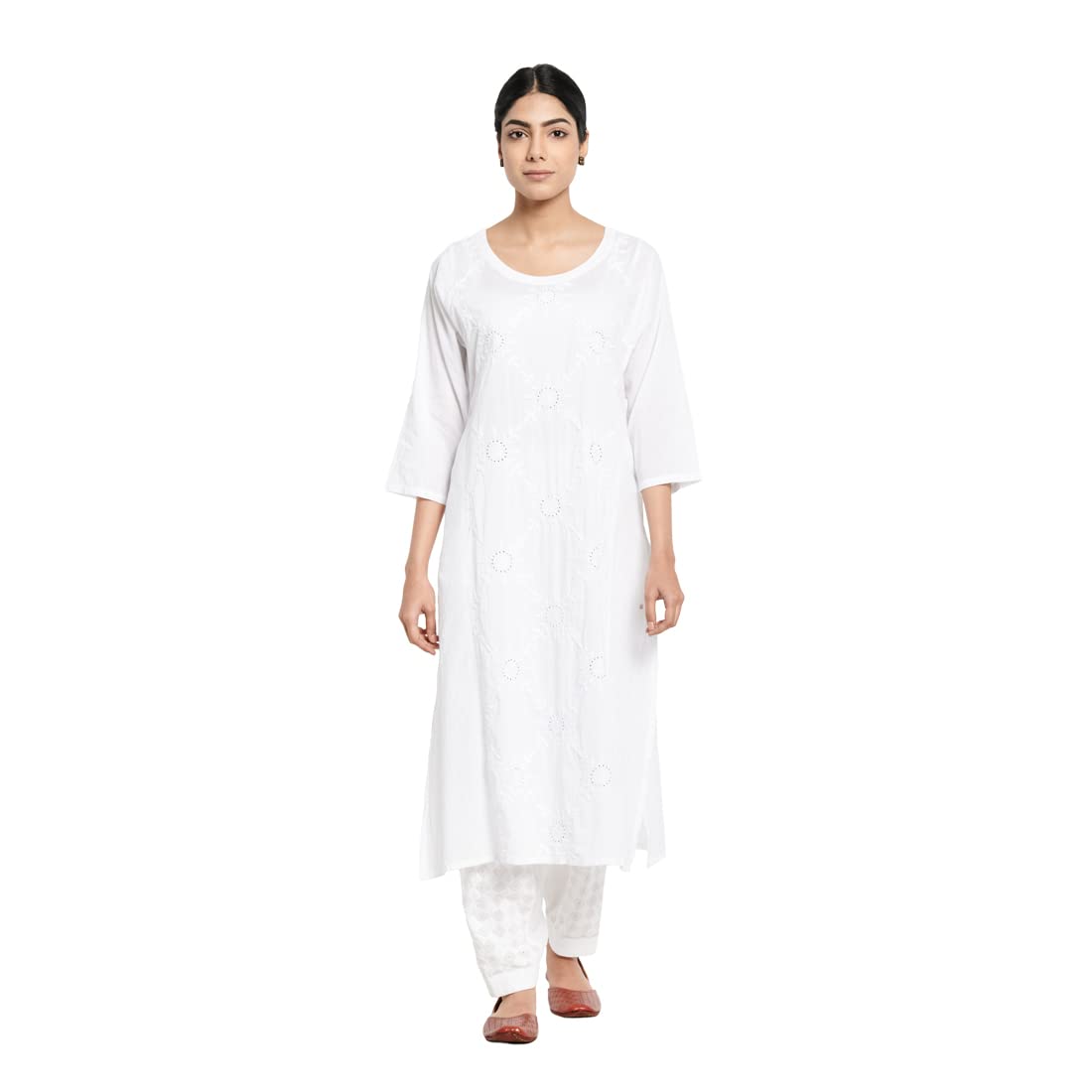 Fabindia Women Embroidered Slim Fit Long Kurta Cotton_M White