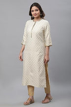 Aurelia Beige Foil Pattern Rayon Blend Regular Kurta