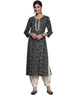 Black Printed Cotton Kurta Has A Gota Patti Work On Placket, Kurta Has Round Neck And Three Quarter Sleeves