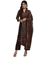 Varanga Women Brown Ethnic Printed Straight Kurta With Bottom And Dupatta