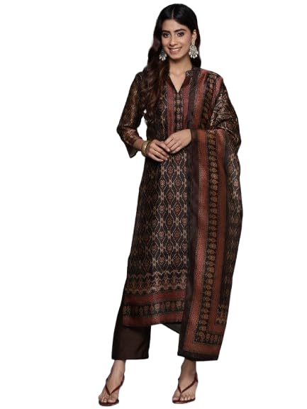 Varanga Women Brown Ethnic Printed Straight Kurta With Bottom And Dupatta