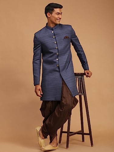 Vastramay MenS Navy Blue Silk Blend Sherwani Set | Imported Fabric Designer Indowestern And Pant Style Pyjama