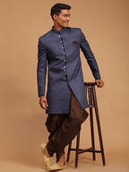 Vastramay MenS Navy Blue Silk Blend Sherwani Set | Imported Fabric Designer Indowestern And Pant Style Pyjama