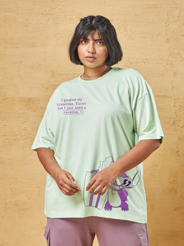 Bewakoof Heavy Duty 1.0 Official Disney Merchandise Stitch Womens Graphic Printed Oversized Fit Half Sleeve Round Neck Terry Pl
