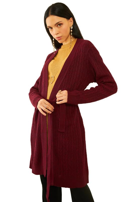 Soch Women Acrylic Cable-Knit Open-Front Longline Shrug with Ribbed Hems