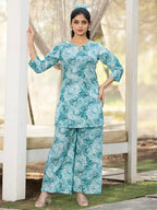 Pinkmint WomenS Pure Cotton Co Ord Set L Flower Printed Co Ord Set L Stylish Pocket & 3/4 Sleeve Women Co-Ord Set