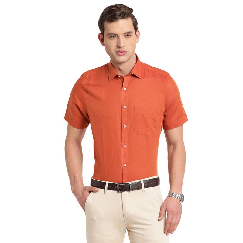 Turtle Men Rust Cotton Linen Solid Regular Fit Formal Shirts