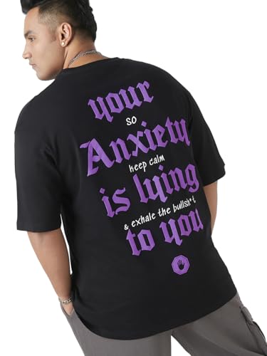 Bewakoof Plus Mens Typography Oversized Fit Half Sleeve Round Neck Cotton Plus Size T-Shirt_652581_Black_6XL