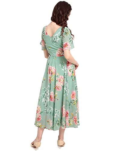 Rare London Women Georgette A-Line Calf Length Dress (Ep3153_B_Green)