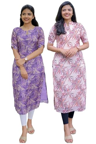 ANNI DESIGNER Womens Rayon Viscose Printed Straight Kurta Pack of 2 Combo (Godavari Blue-Kakulam Pink-Combo_L_Multicolor_Large)