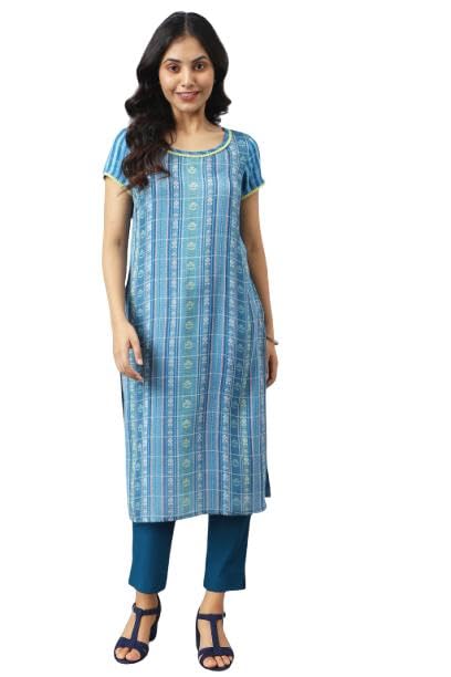 Aurelia Womens Blue Yarn Dyed Straight Kurta and Trouser Co-ord Set (Size: S)-ONVAS13363SS-702580