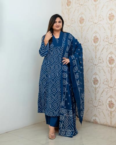 ANNI DESIGNER Women s Anarkali Viscose Kurta with Trousers and Dupatta, Blue, XL