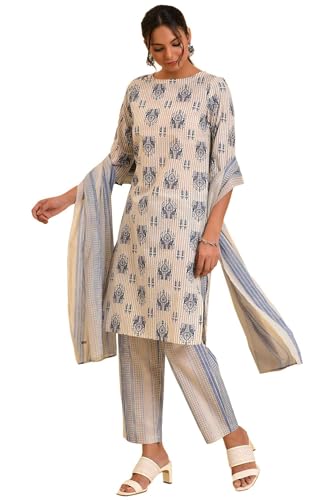 W For Woman Ecru Bird Printed Kurta, Straight Pants And Dupatta Set (Size: Xl)-23Fews19769-122416
