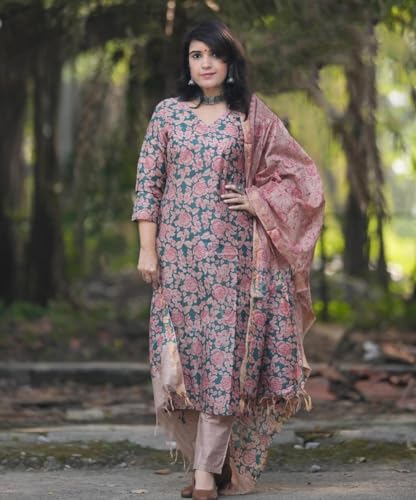 ANNI DESIGNER Womens Cotton Blend Printed Straight Kurta with Pant & Dupatta (Moringa Green_L_Green_Large)