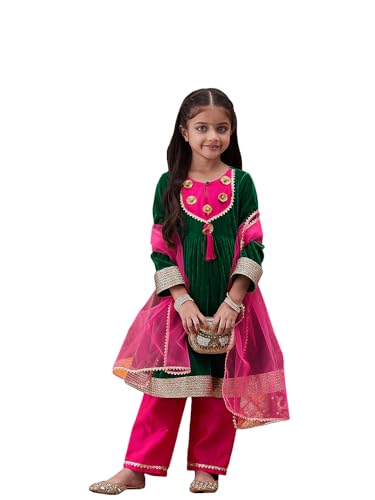 Pspeaches Girls Silk Blend Kurta Set (KS-GREENVELVET-8_Green
