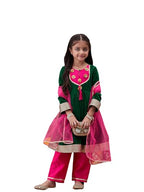 Pspeaches Girls Silk Blend Kurta Set (KS-GREENVELVET-8_Green