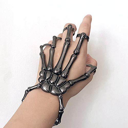 Caiyao Gothic Halloween Skull Skeleton Metal Fingers Hand Bone Bracelet with Adjustable Ring Wristband Handmade Punk Jewelry for