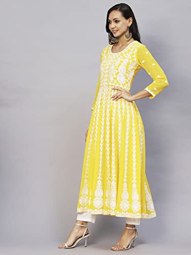ANNI DESIGNER Womens Georgette Chikankari Embroidered Anarkali Kurti (Kari-Yellow-SM_M_Yellow_Medium)