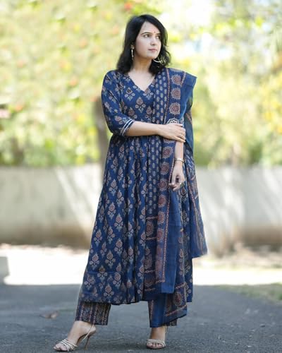 ANNI DESIGNER Womens Rayon Blend Printed Anarkali Kurta with Pant & Dupatta (AMPM Blue_S_Blue_Small)