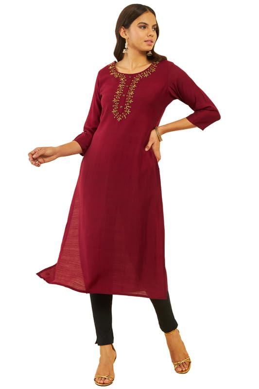 Soch Women Viscose Blend Straight Kurta with Floral Cutdana Work