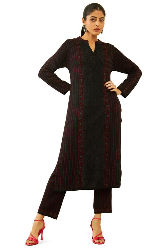 Soch Women Acrylic Striped and Floral Pattern Knitted Winter Straight Kurta Set