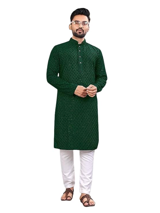 LookMark Present Mens Pure Rayon Chikankari Sequins Kurta||Mens Chikankari Green Coloured Kurta|| AZ-LM-OG-Kurta 11 Green-XXL