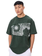 The Souled Store Meadow Men And Boys Short Sleeves Round Neck Green Paisley Printed Cotton Oversized T-Shirts