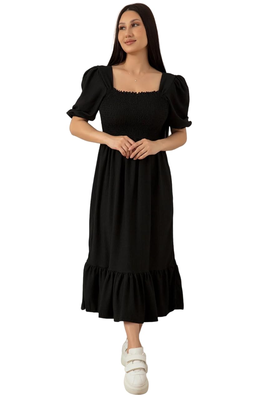 Sheetal Associates Women Casual Regular Sleeves Crepe Solid Fit and Flare Dress (Black, 2XL)