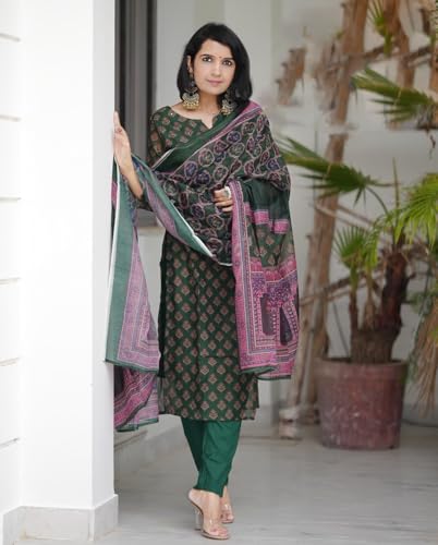 ANNI DESIGNER Women s Printed Rayon Blend Kurta with Pants and Dupatta, Green, S