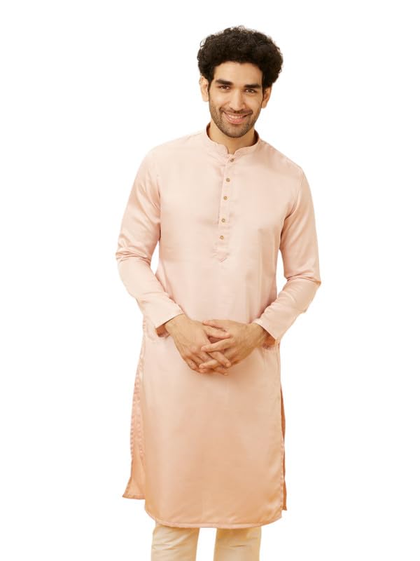 Manyavar Mens Pink Satin Solid Kurta Pyjama Set