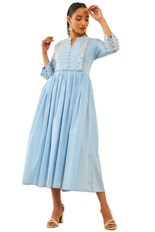 Soch Women Cotton Embroidered Flared Dress with Beads