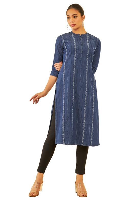 Soch Womens Indigo Cotton Floral Embroidered Mandarin Collar Kurta