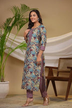 ANNI DESIGNER Womens Cotton Blend Straight Printed Kurta with Pant (Bicata Wine_XXL_Wine_XX-Large)