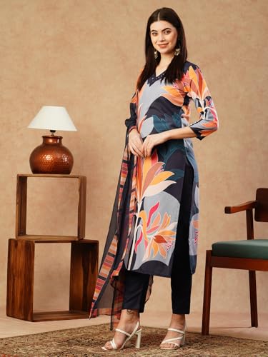 ANNI DESIGNER Womens Cotton Blend Straight Printed Kurta with Pant & Dupatta (KHISSU Navy Blue-FKA_M_Navy Blue_Medium)