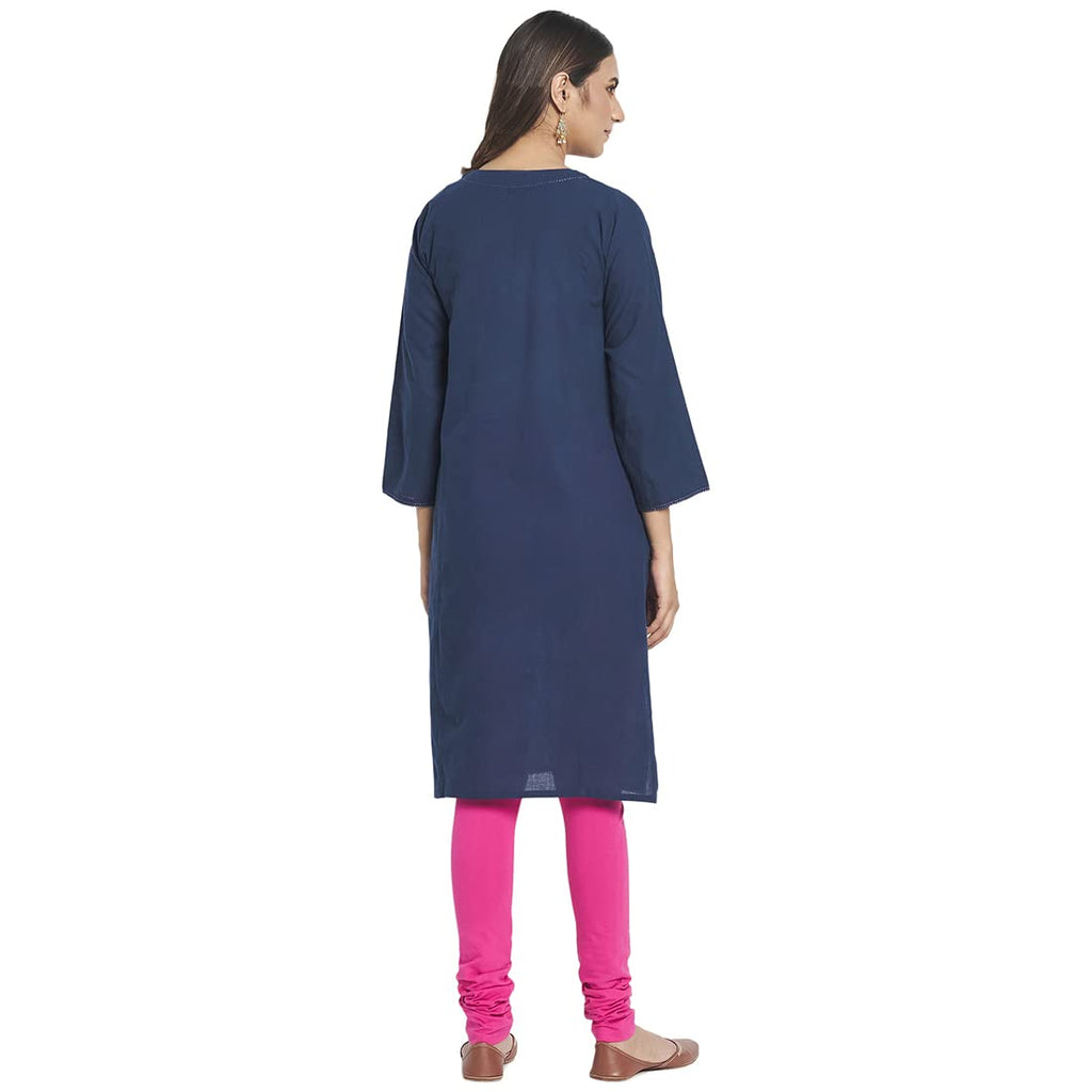 Fabindia Navy Blue Cotton Embroidered Knee Length Kurta
