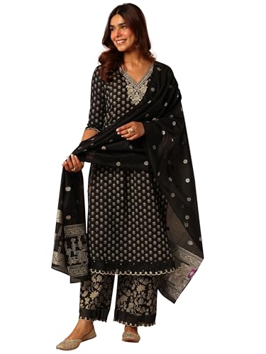 Libas Womens Woven Design Cotton Straight Kurta With Palazzos And Dupatta
