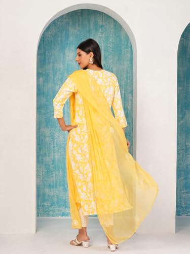 ANNI DESIGNER Womens Cotton Blend Straight Printed Kurta with Pant & Dupatta (MEI Yellow-ND_S_Yellow_Small)