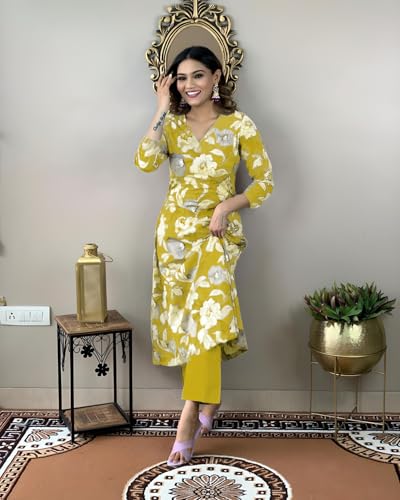 ANNI DESIGNER Womens Cotton Blend Straight Printed Kurta with Pant (DHUN Lemon_L_Lemon_Large)