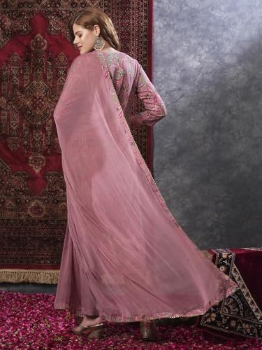 ANNI DESIGNER Womens Rayon Blend Printed Straight Kurta with Pant & Dupatta (VICE Peach-VKS03_M_Peach_Medium)