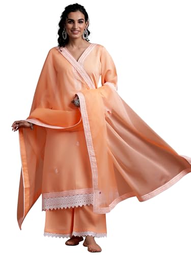 Libas Womens Embroidered Silk Blend A-Line Kurta With Palazzos And Dupatta