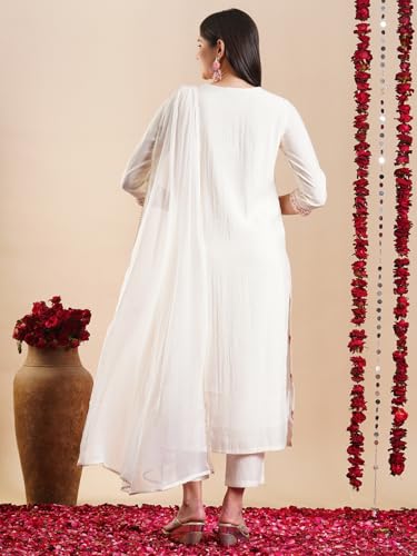 ANNI DESIGNER Womens Rayon Blend Staright Embroidered Kurta with Pant & Dupatta (Kochi White_XL_White_X-Large)